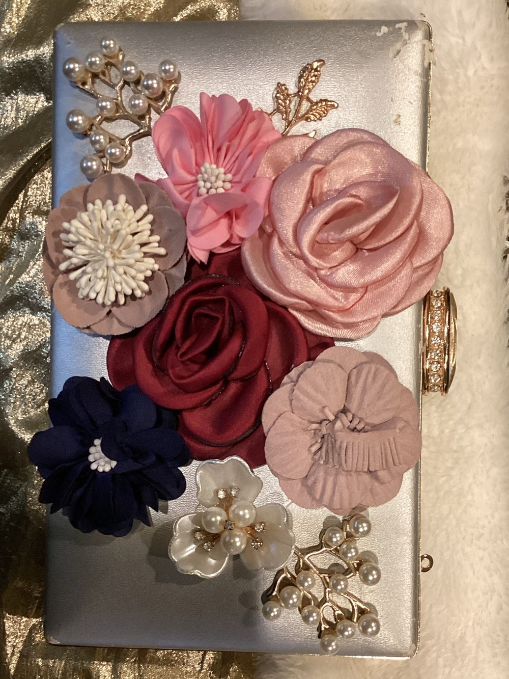 Floral Embellished Evening Clutch - Silver with Pink, Burgundy & Navy Flowers